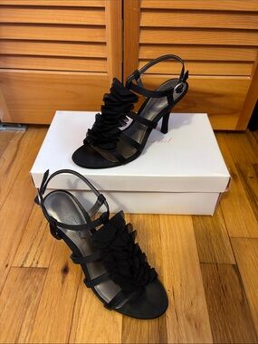 Lulu Townsend Black Floral Ruffle Strappy Heels